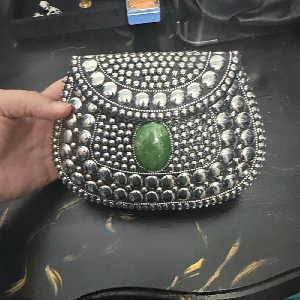 Silver and Green Embellished Clutch